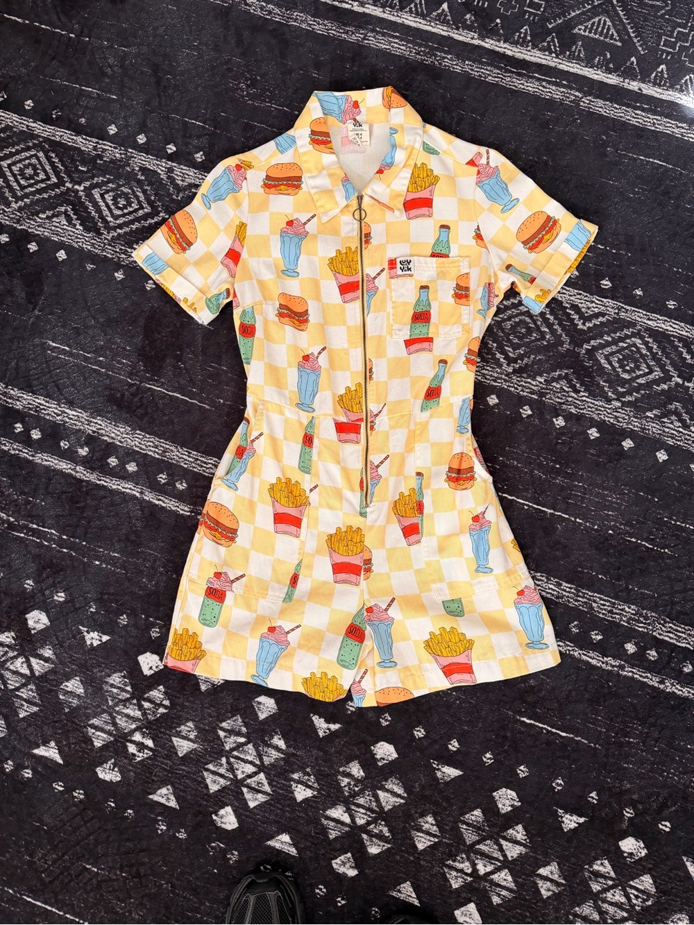 Novelty Fast Food Print Zip Romper - Yellow Checker